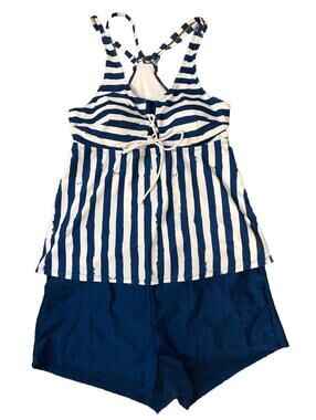 Rotita Womens Large 2 Piece Tankini Blue White Padded Adj Straps Worn Once